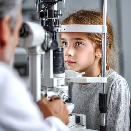 An ophthalmologist checks a patient's vision in front of a medical office.の素材