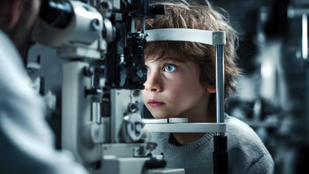 An ophthalmologist checks a patient's vision in front of a medical office.の素材