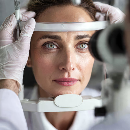An ophthalmologist checks a patient's vision in front of a medical office.の素材