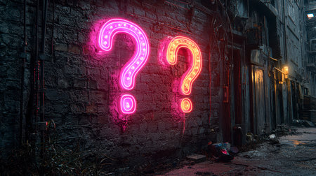 A dark brick wall with neon question marks symbolizes an evening of games and reflection.の素材