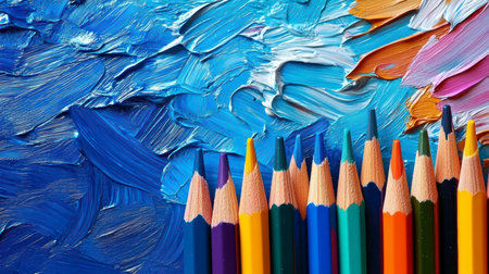 Colored pencils on a background of paint strokes symbolize creativity and artistic expression.の素材