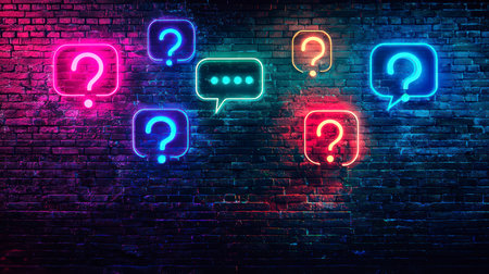 A dark brick wall with neon question marks symbolizes an evening of games and reflection.の素材