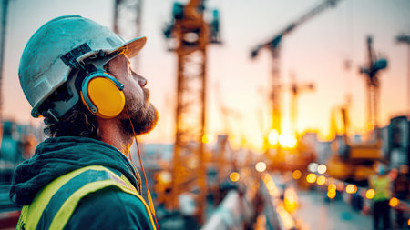 Construction workers at building site with cranes at sunset.の素材