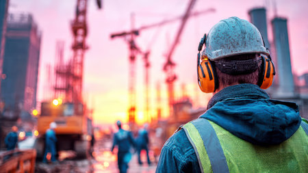 Construction workers at building site with cranes at sunset.の素材
