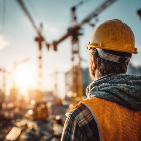 Construction workers at building site with cranes at sunset.の素材