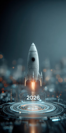 Businessman touches 2026 virtual numbers and rocket icon symbolizing business growth and innovation success.の写真素材