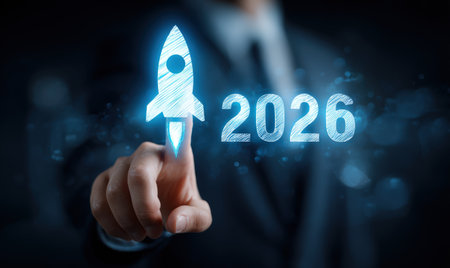 Businessman touches 2026 virtual numbers and rocket icon symbolizing business growth and innovation success.の写真素材