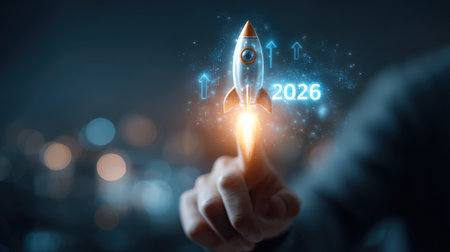 Businessman touches 2026 virtual numbers and rocket icon symbolizing business growth and innovation success.の写真素材