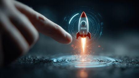 Businessman touches 2026 virtual numbers and rocket icon symbolizing business growth and innovation success.の写真素材