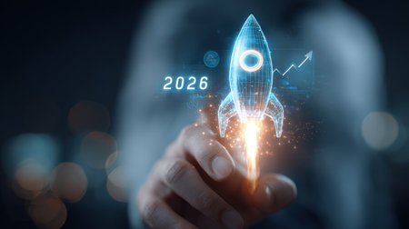 Businessman touches 2026 virtual numbers and rocket icon symbolizing business growth and innovation success.の写真素材