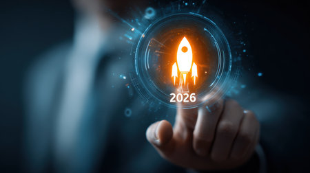 Businessman touches 2026 virtual numbers and rocket icon symbolizing business growth and innovation success.の写真素材