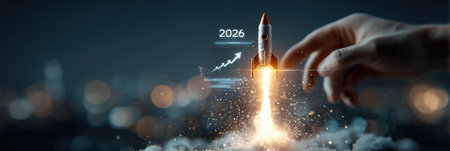 Businessman touches 2026 virtual numbers and rocket icon symbolizing business growth and innovation success.の写真素材
