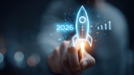 Businessman touches 2026 virtual numbers and rocket icon symbolizing business growth and innovation success.の写真素材