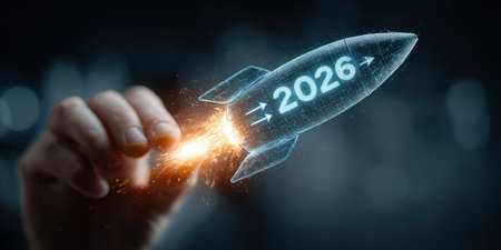 Businessman touches 2026 virtual numbers and rocket icon symbolizing business growth and innovation success.の写真素材