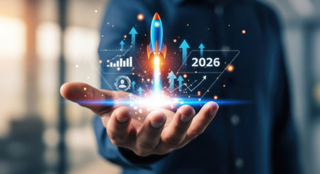Businessman touches 2026 virtual numbers and rocket icon symbolizing business growth and innovation success.の写真素材