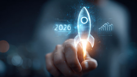 Businessman touches 2026 virtual numbers and rocket icon symbolizing business growth and innovation success.の写真素材