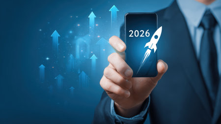 Businessman touches 2026 virtual numbers and rocket icon symbolizing business growth and innovation success.の写真素材