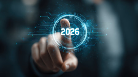 Businessman touches 2026 virtual numbers and rocket icon symbolizing business growth and innovation success.の写真素材