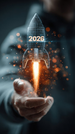 Businessman touches 2026 virtual numbers and rocket icon symbolizing business growth and innovation success.の写真素材