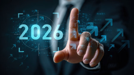 Businessman touches 2026 virtual numbers and rocket icon symbolizing business growth and innovation success.の写真素材