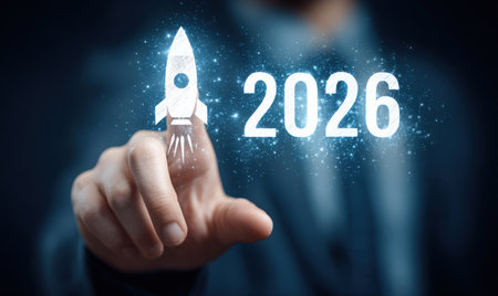 Businessman touches 2026 virtual numbers and rocket icon symbolizing business growth and innovation success.の写真素材