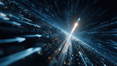 Businessman touches 2026 virtual numbers and rocket icon symbolizing business growth and innovation success.の写真素材