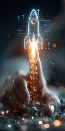 Businessman touches 2026 virtual numbers and rocket icon symbolizing business growth and innovation success.の写真素材