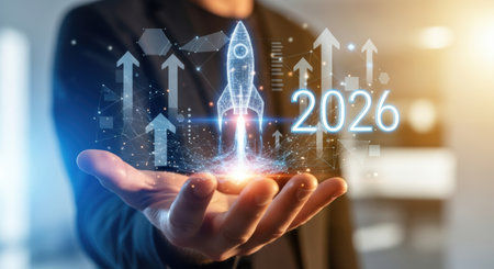 Businessman touches 2026 virtual numbers and rocket icon symbolizing business growth and innovation success.の写真素材