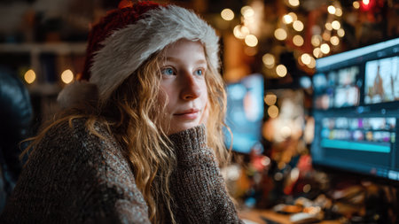 Cozy holiday scene with woman in Santa hat on Christmas computer call.の素材