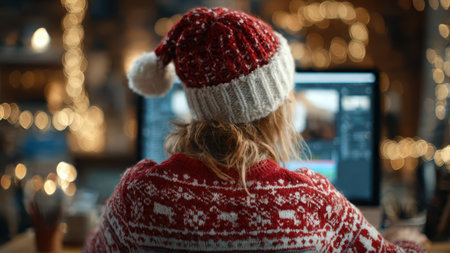 Cozy holiday scene with woman in Santa hat on Christmas computer call.の素材