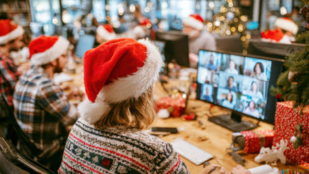 Cozy holiday scene with woman in Santa hat on Christmas computer call.の素材