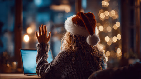 Cozy holiday scene with woman in Santa hat on Christmas computer call.の素材