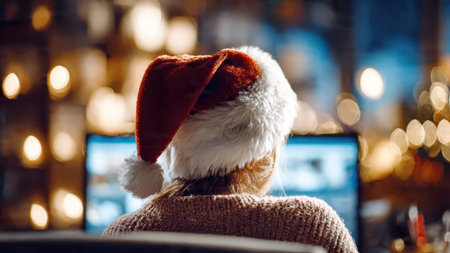 Cozy holiday scene with woman in Santa hat on Christmas computer call.の素材