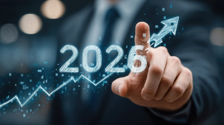 Businessman touches 2026 virtual numbers and rocket icon symbolizing business growth and innovation success.の写真素材