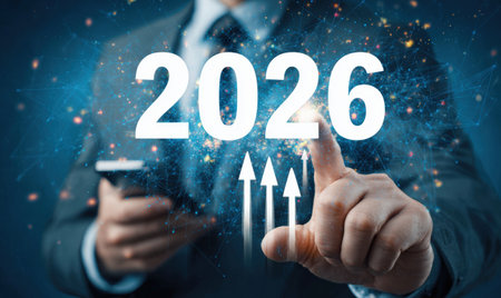 Businessman touches 2026 virtual numbers and rocket icon symbolizing business growth and innovation success.の写真素材