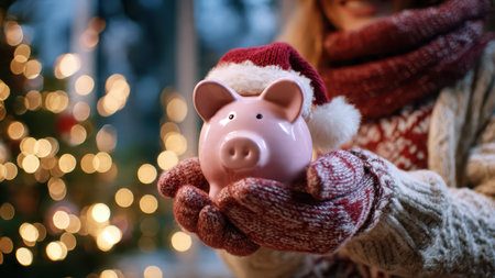 Piggy bank with Santa hat in hand near Christmas tree lights.の素材
