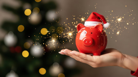 Piggy bank with Santa hat in hand near Christmas tree lights.の素材