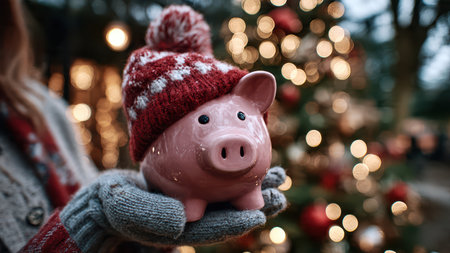 Piggy bank with Santa hat in hand near Christmas tree lights.の素材