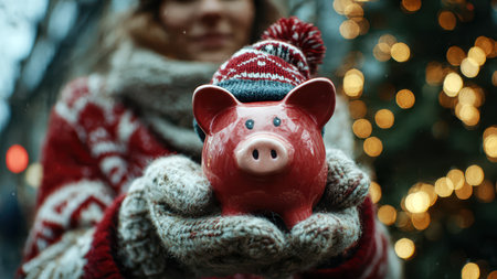 Piggy bank with Santa hat in hand near Christmas tree lights.の素材