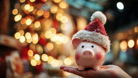 Piggy bank with Santa hat in hand near Christmas tree lights.の素材