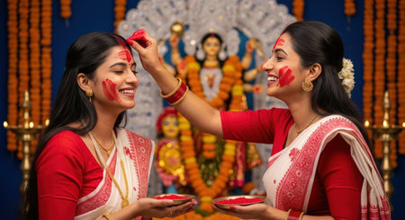 Believers with smiles on their faces celebrate Durga Puja in sindoor and traditional clothes.の素材