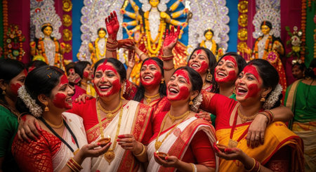 Believers with smiles on their faces celebrate Durga Puja in sindoor and traditional clothes.の素材