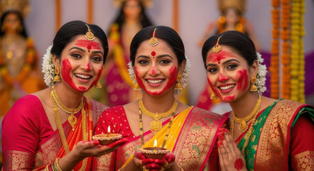 Believers with smiles on their faces celebrate Durga Puja in sindoor and traditional clothes.の素材
