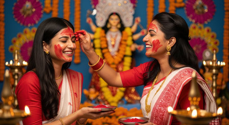 Believers with smiles on their faces celebrate Durga Puja in sindoor and traditional clothes.の素材
