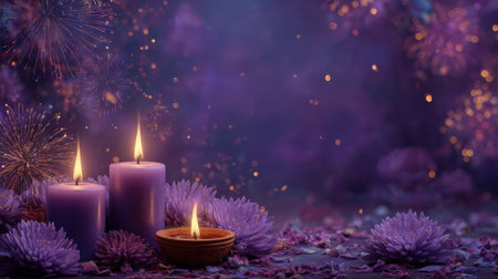 Durga Puja night celebration with glowing diyas and candles reflecting on water, concept of faith and community.の素材