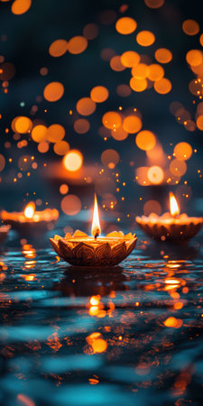 Durga Puja night celebration with glowing diyas and candles reflecting on water, concept of faith and community.の素材