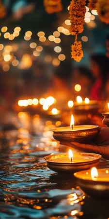 Durga Puja night celebration with glowing diyas and candles reflecting on water, concept of faith and community.の素材