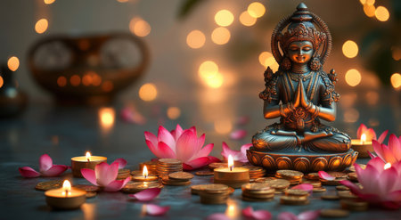 A statue of an Indian deity surrounded by lotus flowers, candles and coins. Symbolizes prosperity, spirituality and divine energy.の素材
