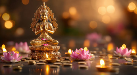 A statue of an Indian deity surrounded by lotus flowers, candles and coins. Symbolizes prosperity, spirituality and divine energy.の素材