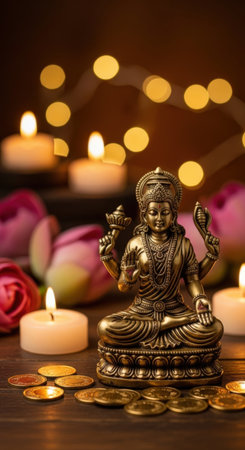 A statue of an Indian deity surrounded by lotus flowers, candles and coins. Symbolizes prosperity, spirituality and divine energy.の素材